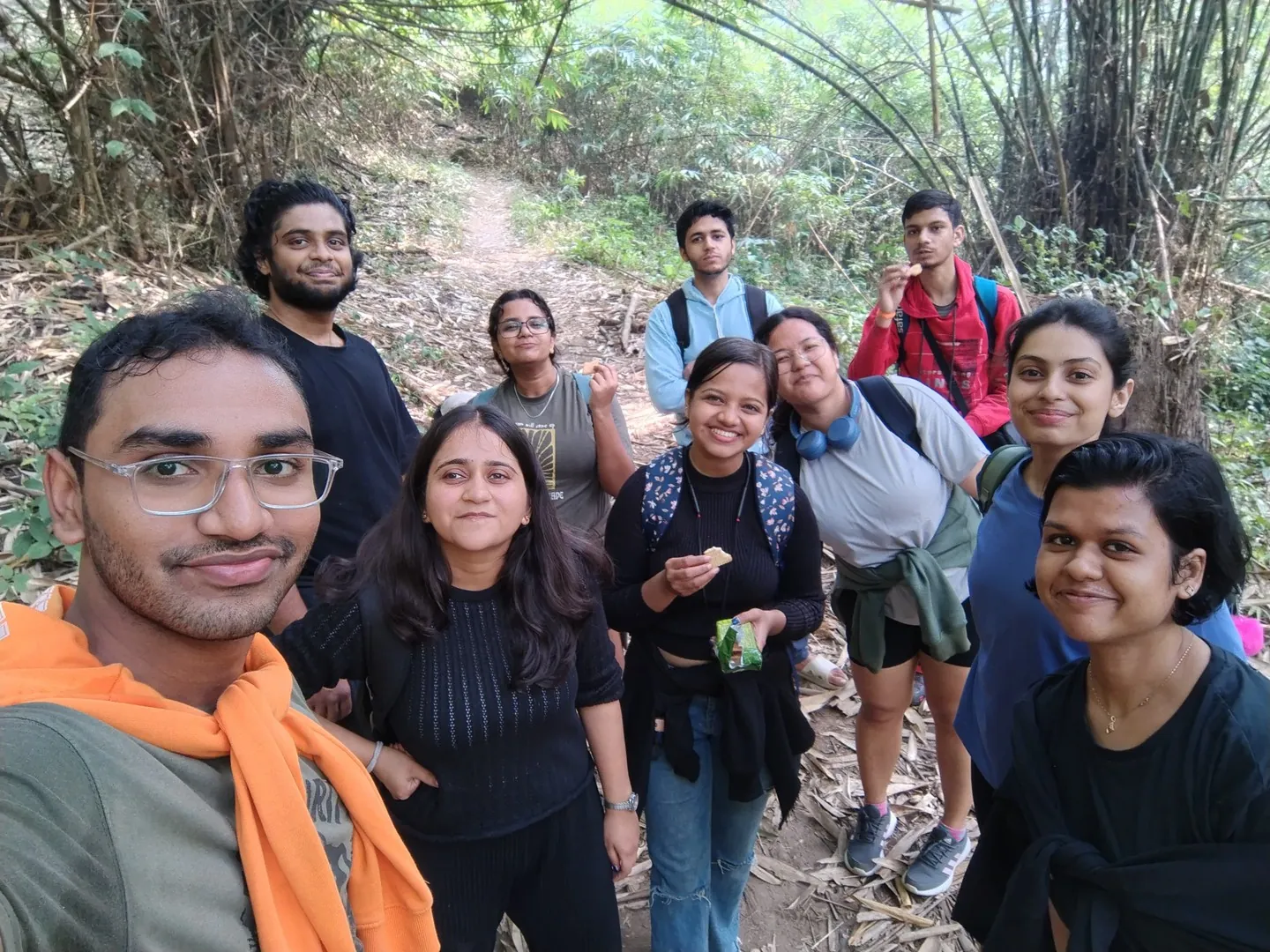 Group Selfie in Forest while trekking